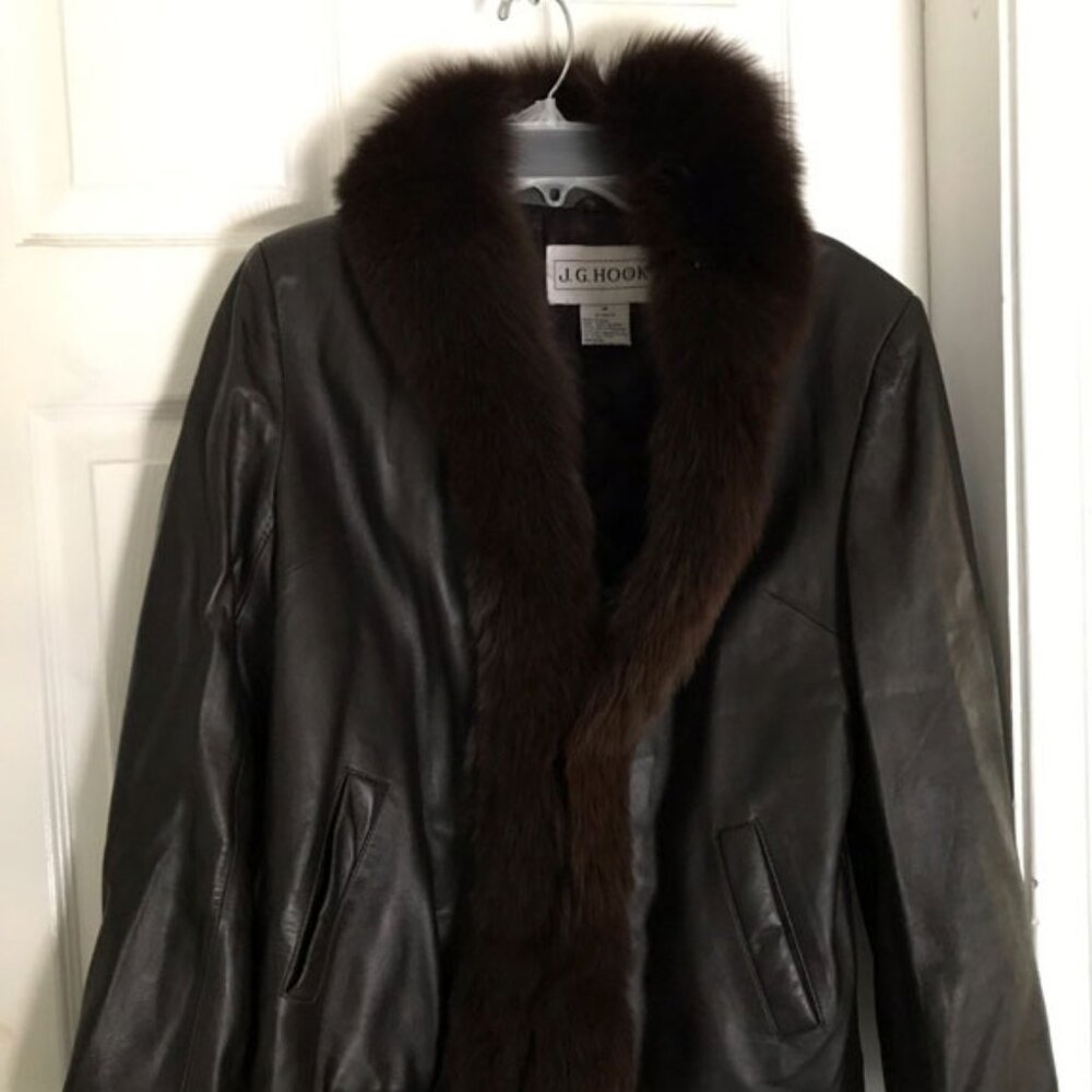J. G. Hook Chocolate Brown Leather Jacket with Brown Fox Fur Size M